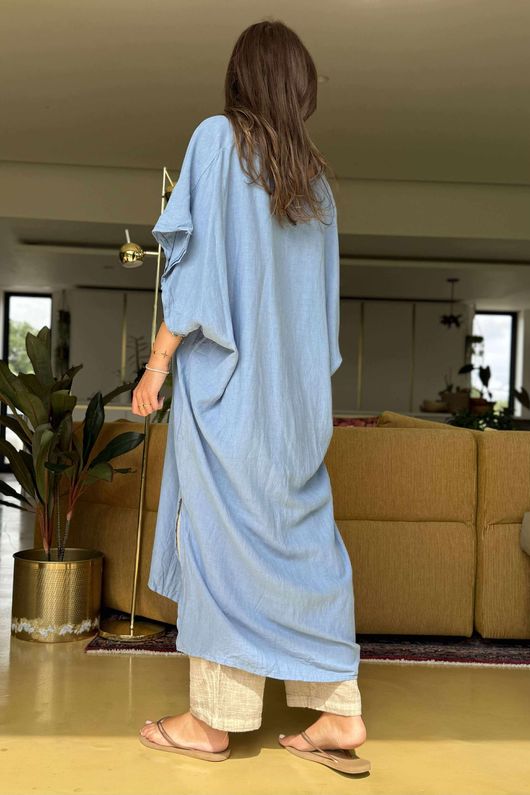 Made in Italy Eos Linen Blend Ruche Dress Denim