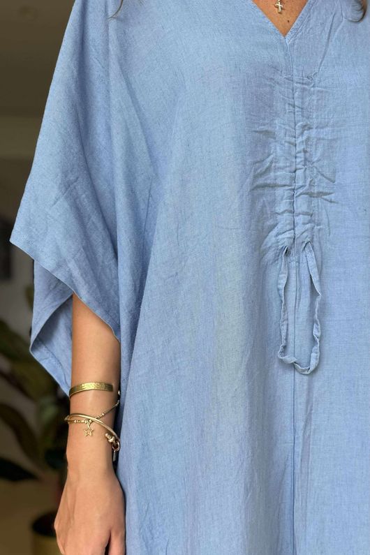 Made in Italy Eos Linen Blend Ruche Dress Denim