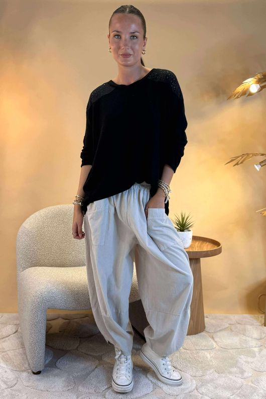 Made in Italy Fifi Lace Shoulder Fine Knit Top Black /23 =