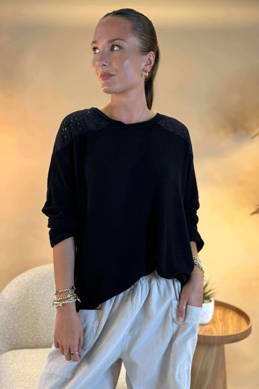 Made in Italy Fifi Lace Shoulder Fine Knit Top Black /23 =