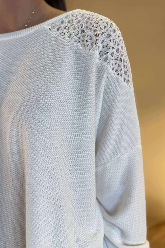 Made in Italy Fifi Lace Shoulder Fine Knit Top Ecru /5 =