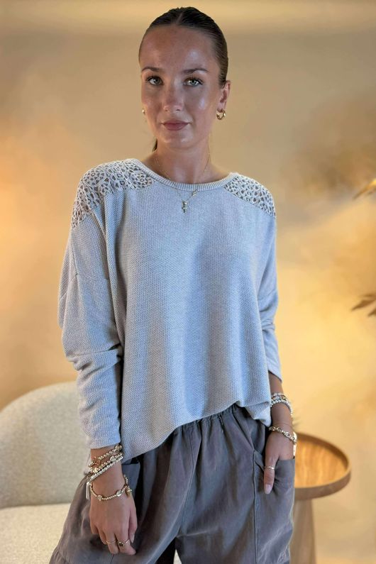 Made in Italy Fifi Lace Shoulder Fine Knit Top Oatmeal /8 =
