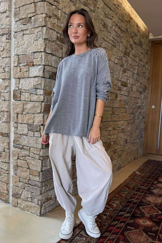 Made in Italy Fifi Lace Shoulder Fine Knit Top Slate - * 