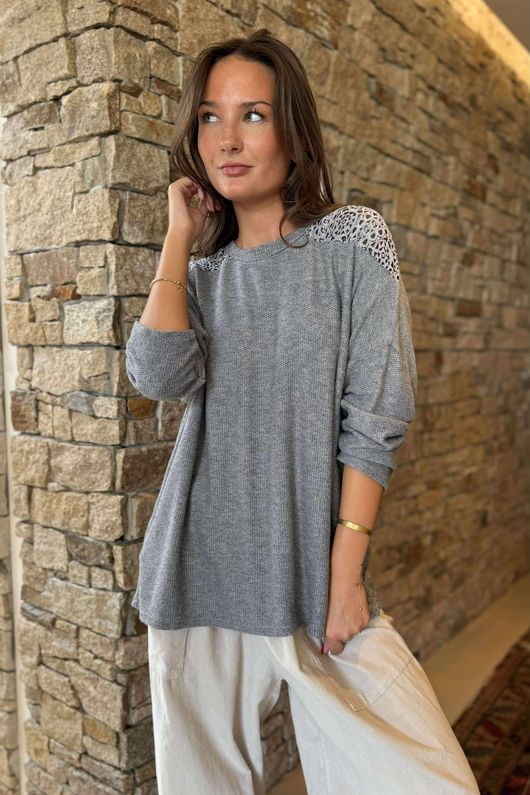  Fifi Lace Shoulder Fine Knit Top Slate -