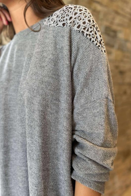 Made in Italy Fifi Lace Shoulder Fine Knit Top Slate - * 