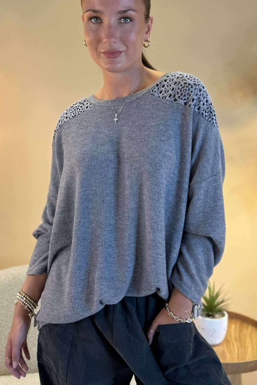 Made in Italy Fifi Lace Shoulder Fine Knit Top Slate /15 =
