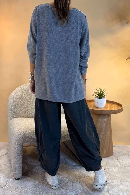 Made in Italy Fifi Lace Shoulder Fine Knit Top Slate /15 =