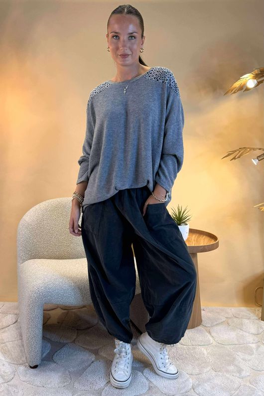 Made in Italy Fifi Lace Shoulder Fine Knit Top Slate /15 =