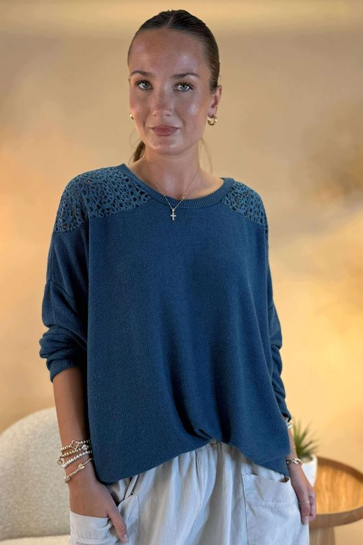 Made in Italy Fifi Lace Shoulder Fine Knit Top Teal /6 =