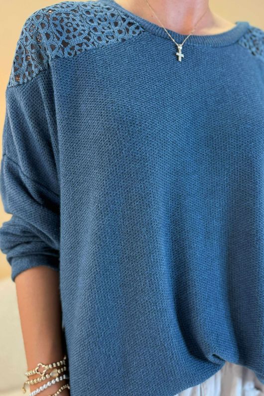 Made in Italy Fifi Lace Shoulder Fine Knit Top Teal /6 =