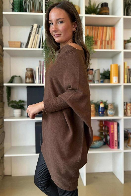 Huggle Asymmetric Draped Knit Jumper Chocolate 