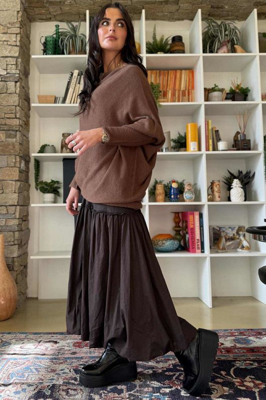 Huggle Asymmetric Draped Knit Jumper Chocolate 