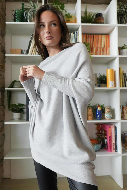Huggle Asymmetric Draped Knit Jumper Grey Marl