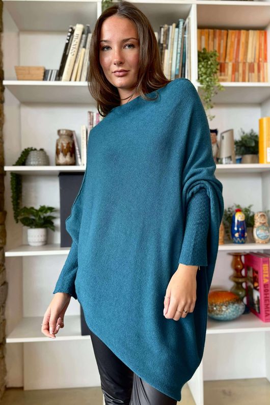 Huggle Asymmetric Draped Knit Jumper Lagoon