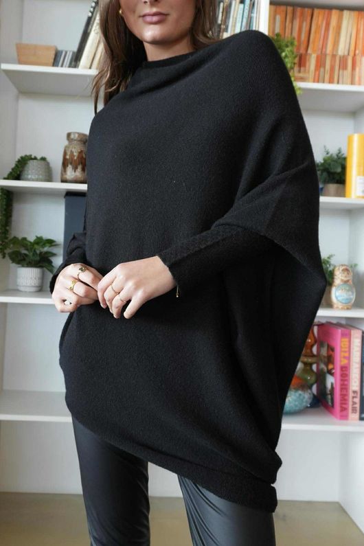 Huggle Asymmetric Draped Knit Jumper Black /5=