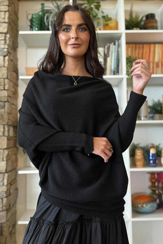 Huggle Asymmetric Draped Knit Jumper Black /