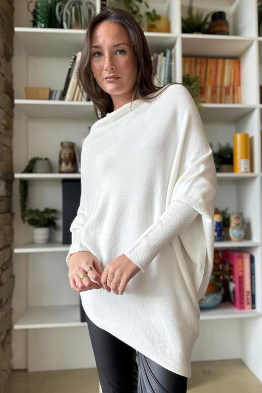 Huggle Asymmetric Draped Knit Jumper Ecru 