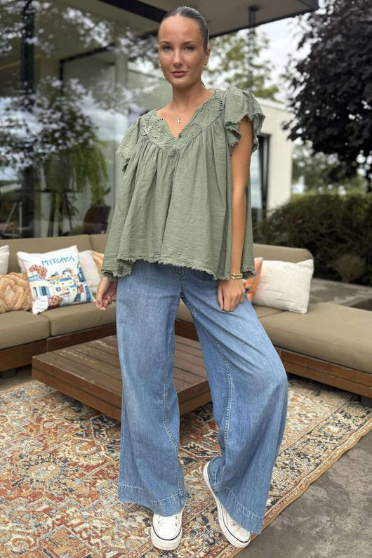 Made in Italy Lana Peasant Blouse Khaki