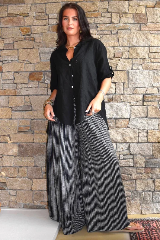  Marina Chalk Stripe Palazzo Pant Black 