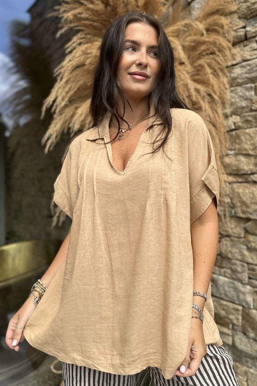 Made in Italy Noa Linen Blend Pop Over Smock Caramel /9 =