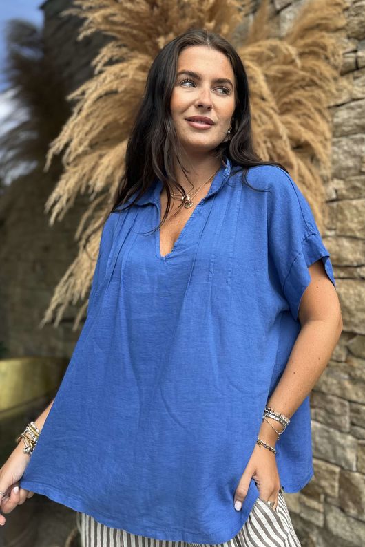Made in Italy Noa Linen Blend Pop Over Smock Mediterranean Blue /18 =