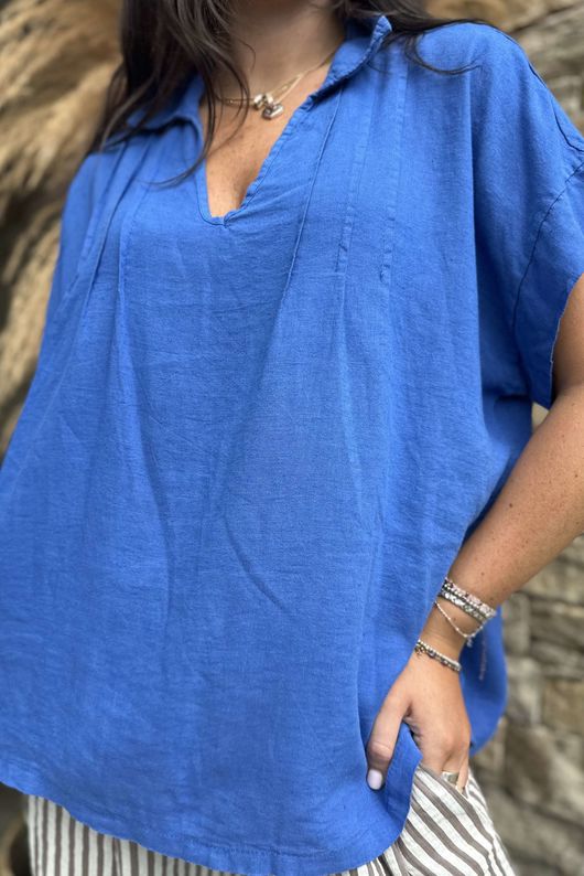 Made in Italy Noa Linen Blend Pop Over Smock Mediterranean Blue /18 =