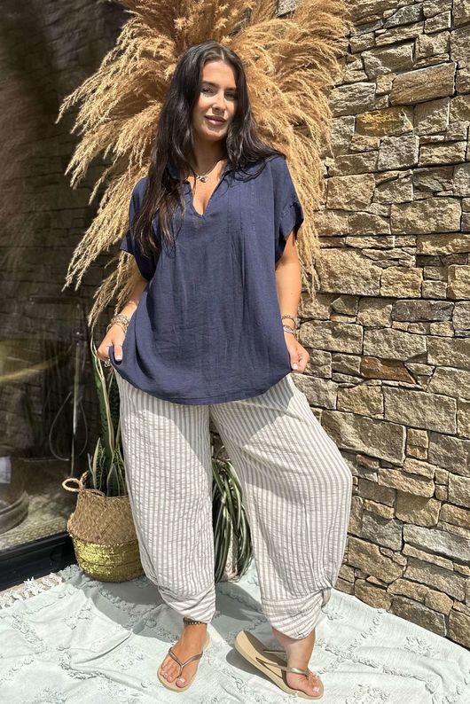 Made in Italy Noa Linen Blend Pop Over Smock Navy /10 =