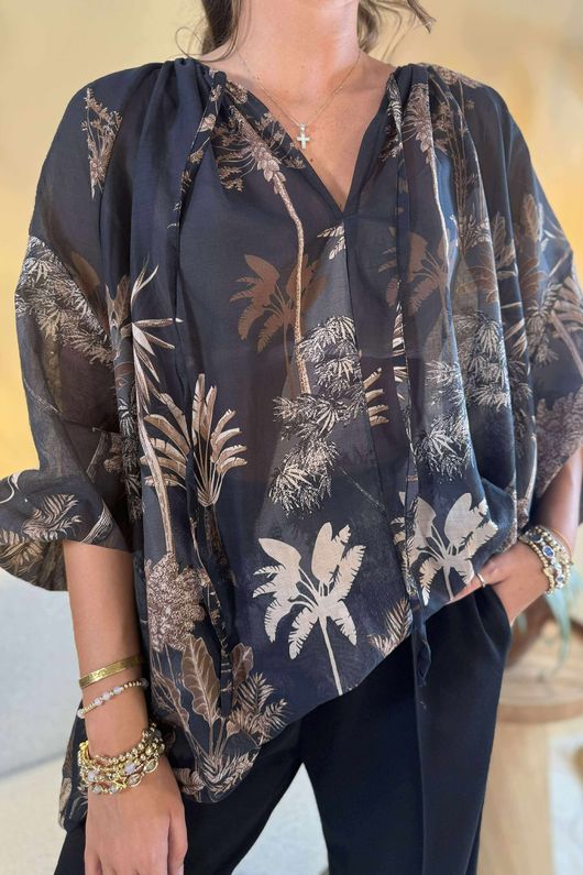 Made in Italy Noctura Pure Cotton Peasant Blouse Black /17 =