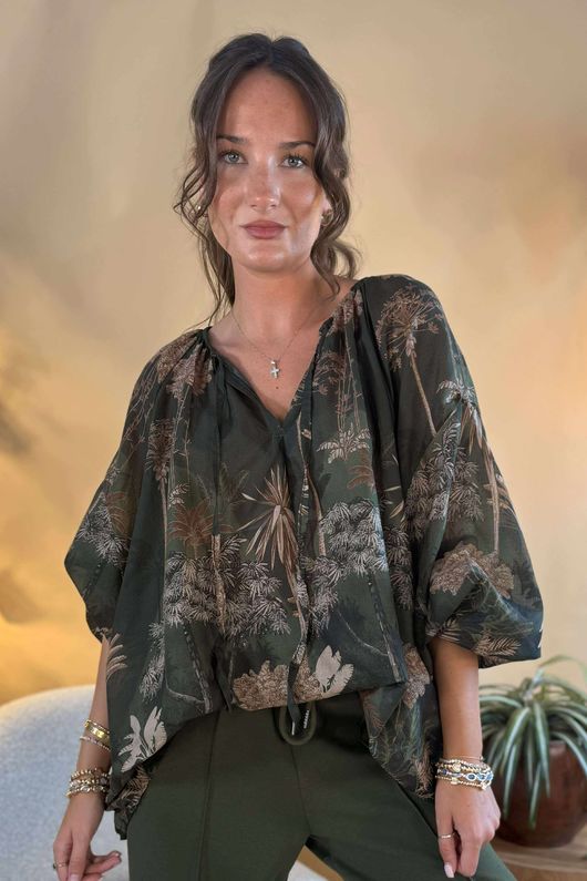 Made in Italy Noctura Pure Cotton Peasant Blouse Khaki /17 =