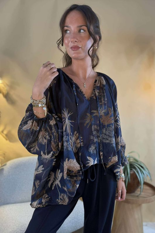 Made in Italy Noctura Pure Cotton Peasant Blouse Navy /16 =
