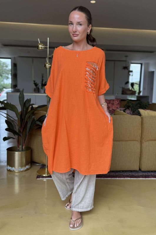 Made in Italy Noor Linen Blend Pocketed Dress Aperol /6 