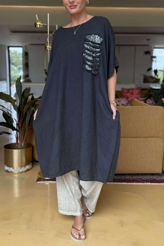 Made in Italy Noor Linen Blend Pocketed Dress Charcoal /6 
