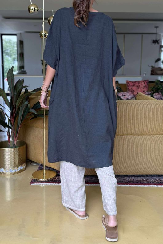 Made in Italy Noor Linen Blend Pocketed Dress Charcoal