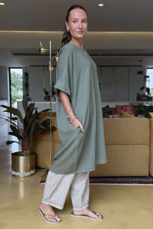 Made in Italy Noor Linen Blend Pocketed Dress Khaki