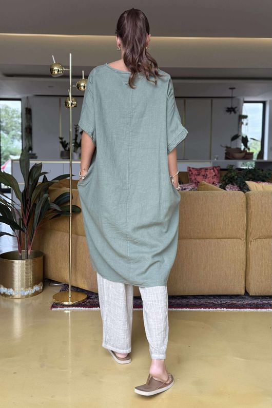 Made in Italy Noor Linen Blend Pocketed Dress Khaki