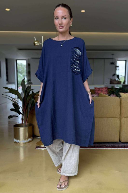 Made in Italy Noor Linen Blend Pocketed Dress Navy - 