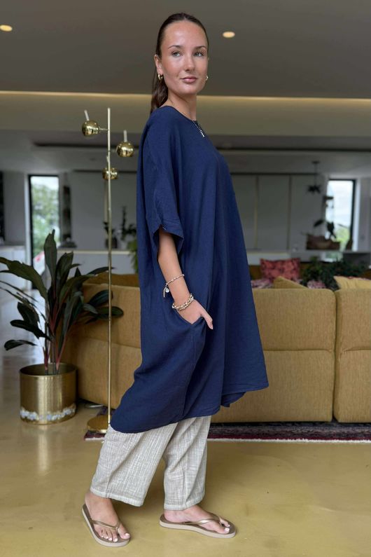 Made in Italy Noor Linen Blend Pocketed Dress Navy
