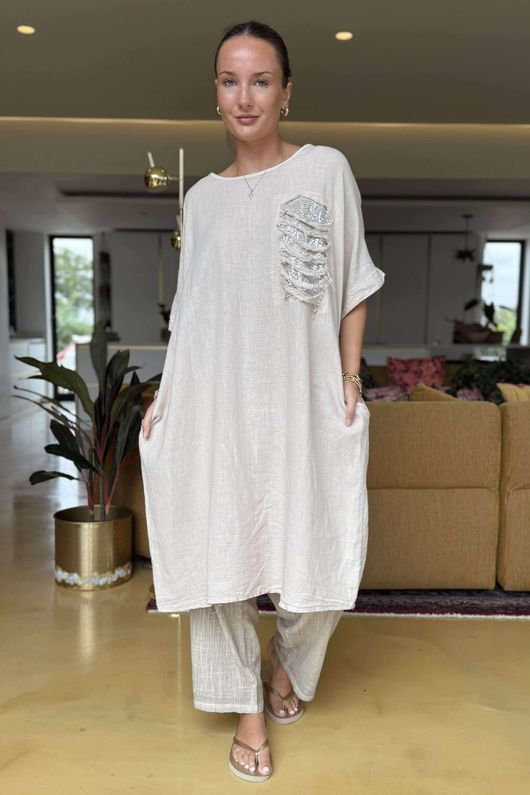 Made in Italy Noor Linen Blend Pocketed Dress Stone /15 =