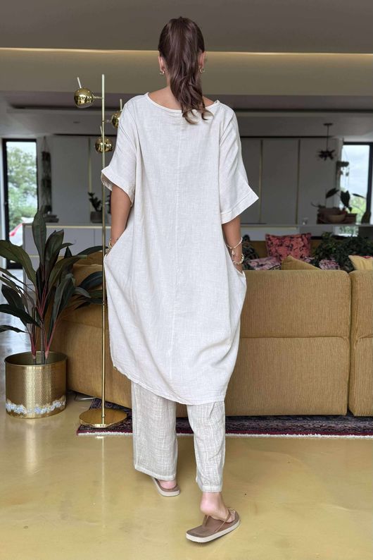 Made in Italy Noor Linen Blend Pocketed Dress Stone