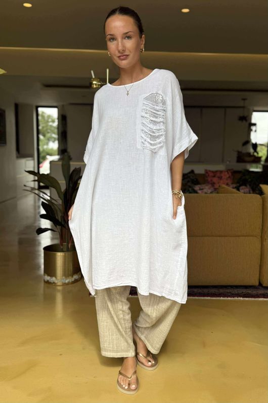 Made in Italy Noor Linen Blend Pocketed Dress White /11 
