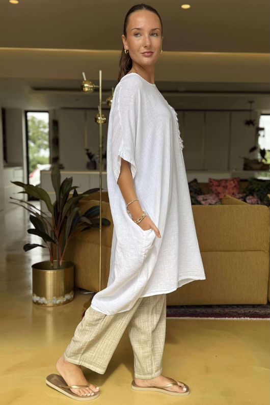 Made in Italy Noor Linen Blend Pocketed Dress White