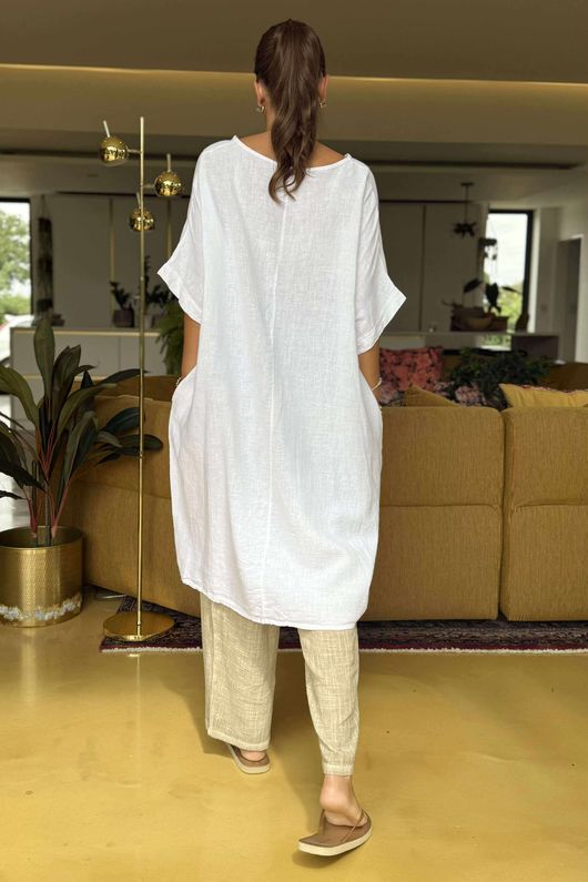 Made in Italy Noor Linen Blend Pocketed Dress White