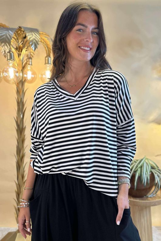 Made in Italy Perfect Breton V Long Sleeve Top Black