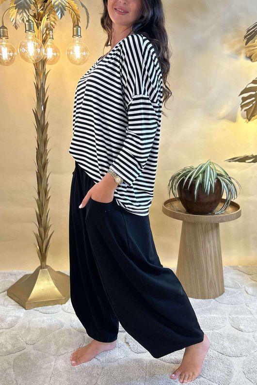 Made in Italy Perfect Breton V Long Sleeve Top Black