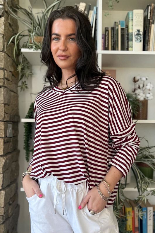  Perfect Breton V Long Sleeve Top Burgundy 