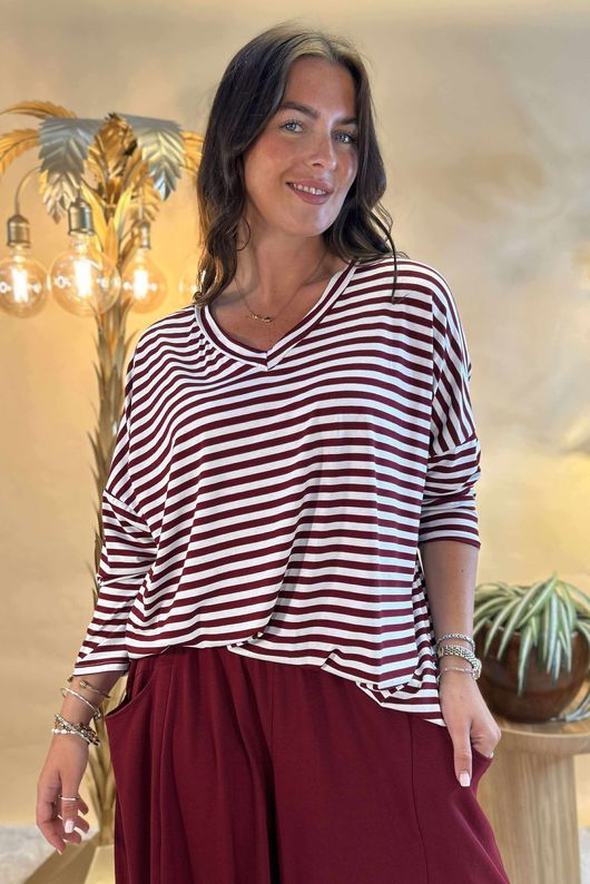 Made in Italy Perfect Breton V Long Sleeve Top Burgundy /7 =