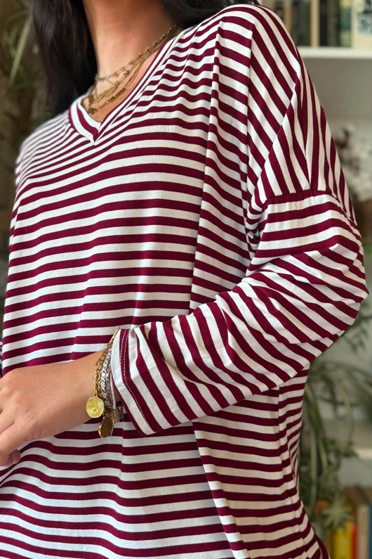 Perfect Breton V Long Sleeve Top Burgundy 