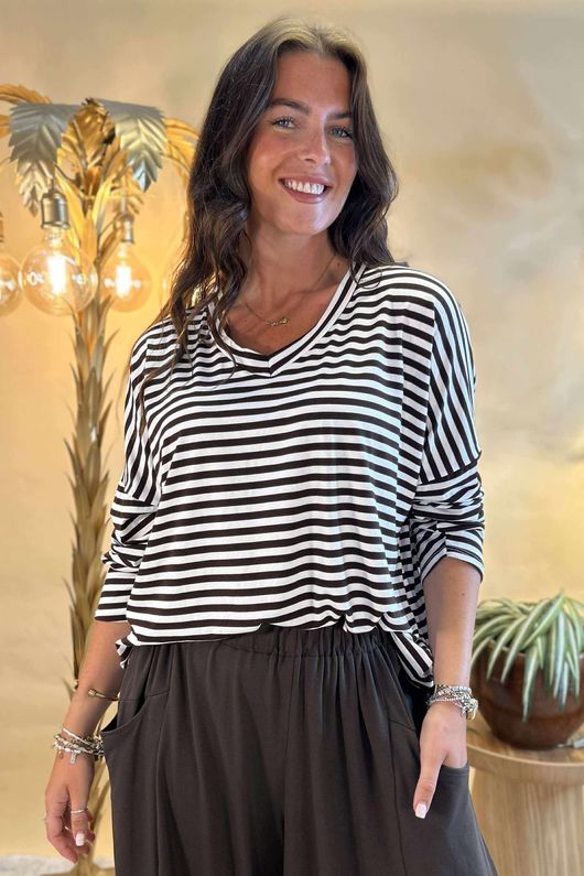 Made in Italy Perfect Breton V Long Sleeve Top Dark Brown /24 =