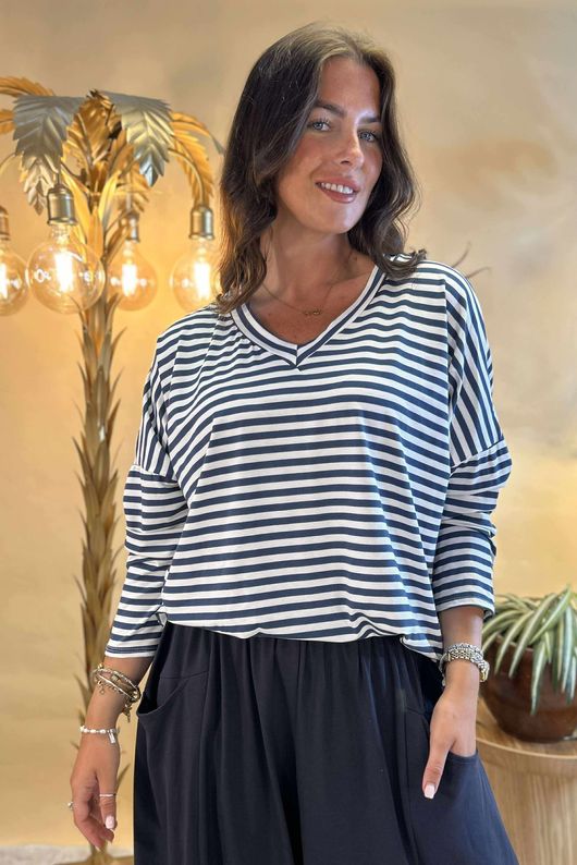 Made in Italy Perfect Breton V Long Sleeve Top Dark Denim /24 =