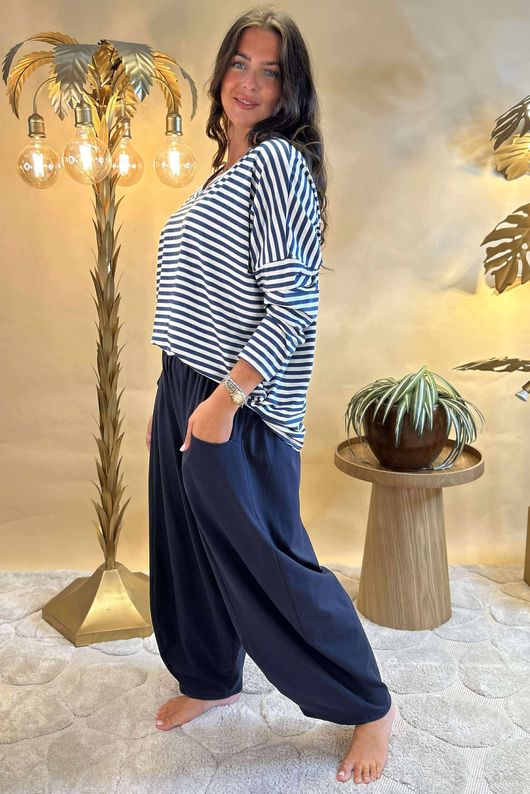 Made in Italy Perfect Breton V Long Sleeve Top Dark Denim
